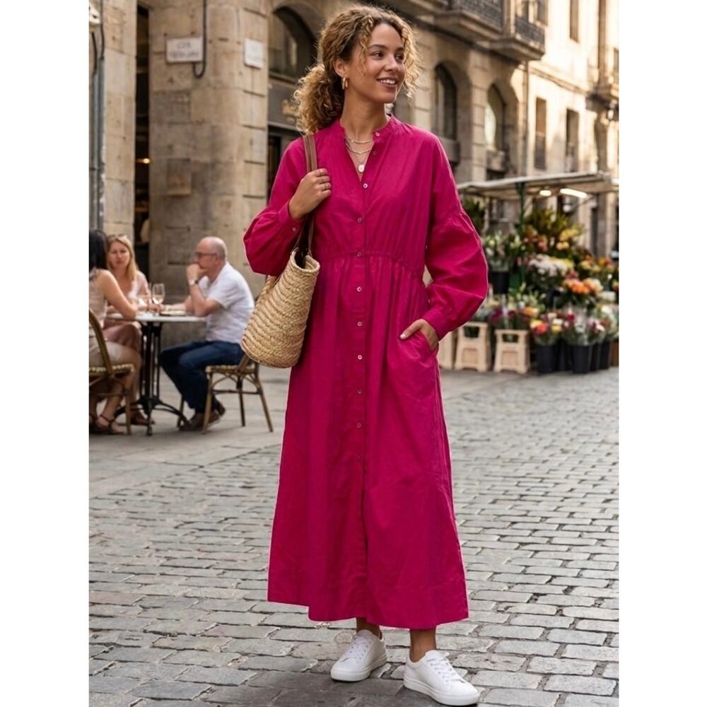 CO Collection Long Sleeve Maxi Dress Cotton Blend In Hot Pink Size L